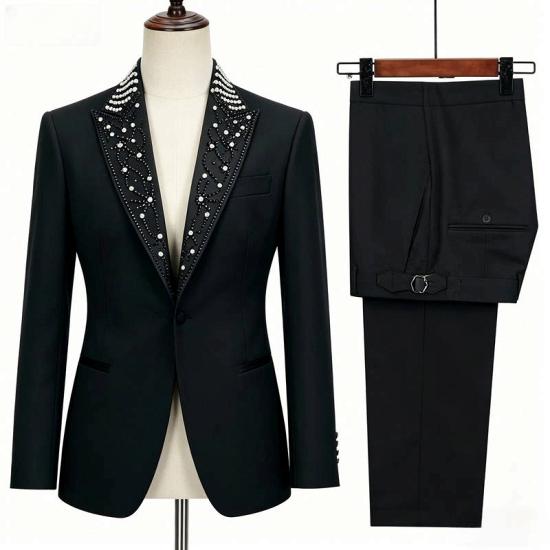 Black Hand Beaded Peak Lapel Tuxedo Jacket Men Formal Wedding Party Blazer Coat_4