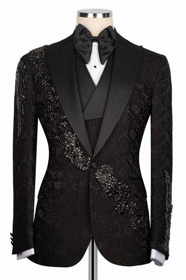 Luxury Black Crystals Three Piece Jacquard Prom Suits Wedding Tuxedo_1