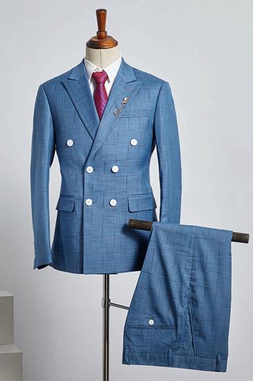 Cash Fashion Blue Check Point Lapel Double Breasted Custom Business Suit_1