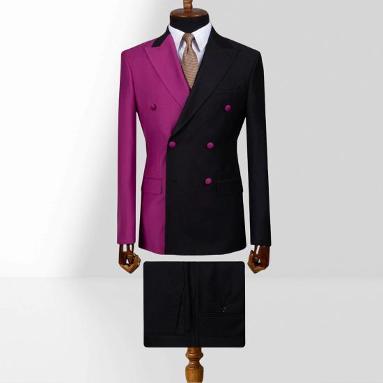 Purple & Black Double Breasted Peak Collar Slim Suits_2
