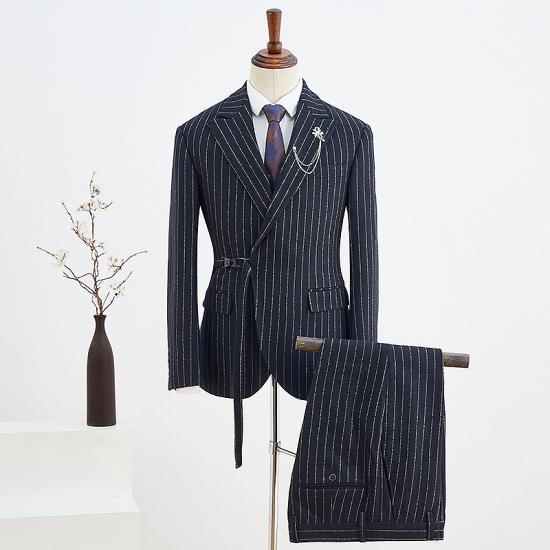 Bernard Sleek Black Striped Adjustable Belt Slim Fit Suit ｜ Silver Stripes_2