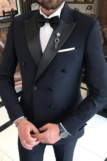 Trendy Dark Navy Men's Wedding Tuxedo | Black Satin Lapel Prom Suit_4