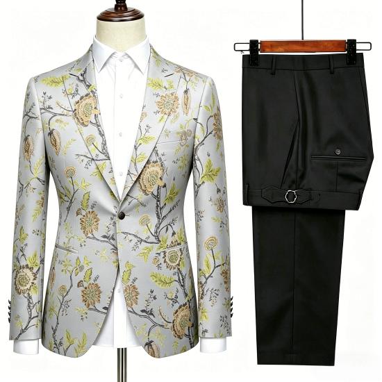 Spring/Summer Gold-Thread Embroidery 3D Floral Embroidered White Men Slim Fit Party Two Suit Set_4
