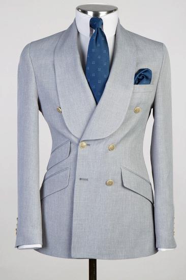Elegant Grey Shawl Collar Double Breasted Slim Fit Men's Tuxedo | With Metal Buttons_1