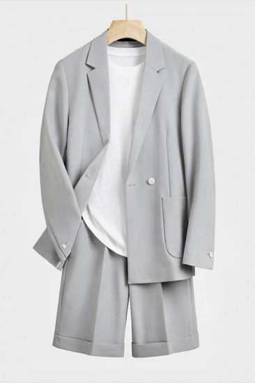 Darren Silver Loose Notched Lapel Summer Mens Suit with Shorts_1