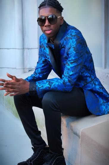 Fancy Bespoke Blue Jacquard Shawl Lapel One Button Two Pieces Prom Suits_1