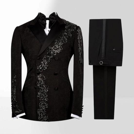 Men's Black Double-Breasted Tuxedo with Beaded Embroidery Prom Suit | Bradymensuit_5