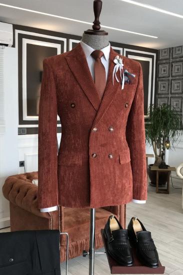 Modern Fashion Brown Stripe Peaked Lapel Double Breasted Prom Suits_1