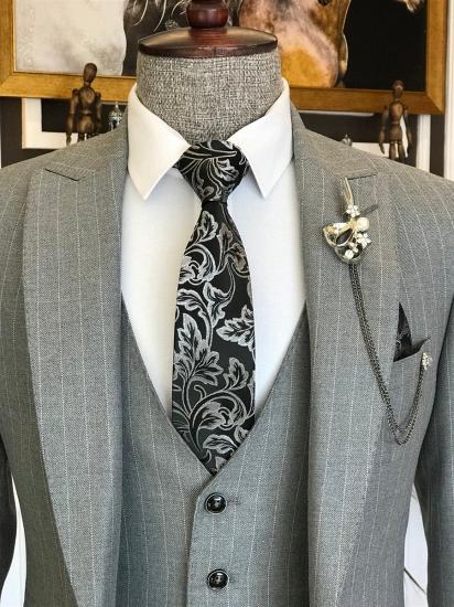 Mark Three Piece Peak Lapel Gray Striped Business Men Suits | Three Piece Twill Suit_3