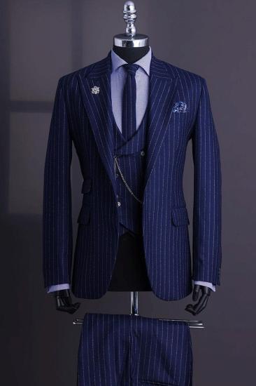 Shiny Navy Blue Peaked Lapel Three Piece Striped Suit | Bright Silver Stripes_2