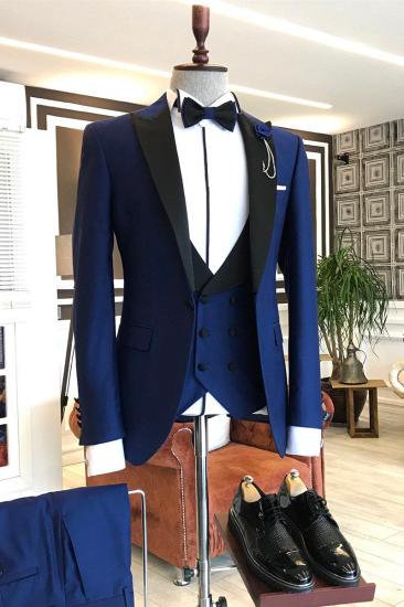 Noah Royal Blue 3 Piece Black Point Lapel Business Mens Suit_2