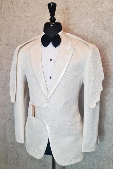Roman White Jacquard Tuxedo Unique Asymmetrical Lapel Two Pieces Groom Wedding Prom