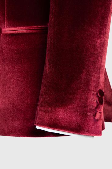 Fashion Slim Fit Burgundy Velvet Double Breasted Men's Two Piece Prom Suit_3
