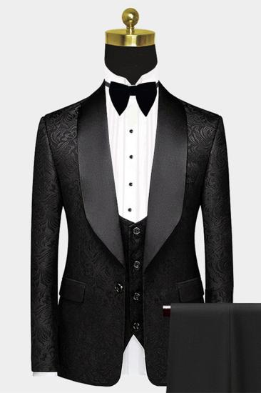 Black Satin Shawl Lapel Prom Suits | One Button Popular Jacquard Wedding Tuxedos_1
