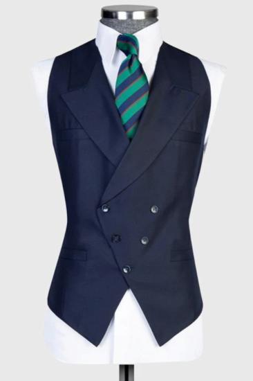Stylish Dark Navy Peaked Lapel Double Breasted Vest_1