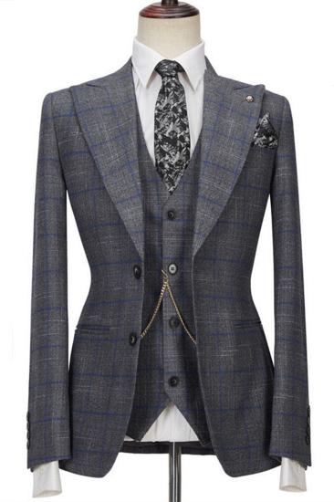 Brendon Grey Custom Notched Lapel Three-Piece Plaid Slim Fit Suit_1
