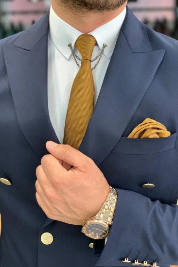 Brady Navy Blue Slim Fit Wool Blend Men Double Breasted Two Piece Wedding Suit | Metal Buttons With Silk Lining_4