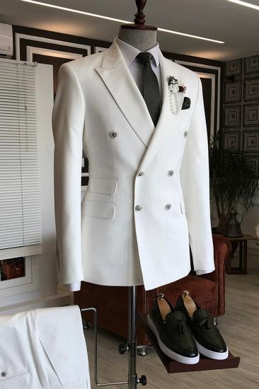 Les Stylish White Point Lapel Double Breasted Formal Business Mens Suit_1