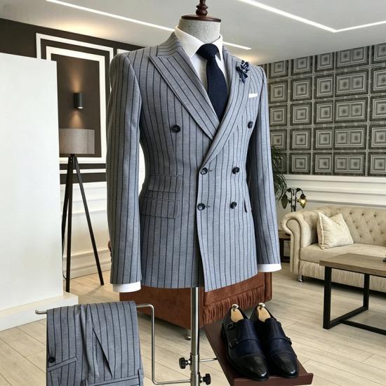 Gray Striped Peaked Lapel Double Breasted Men Business Two Piece Suits_2