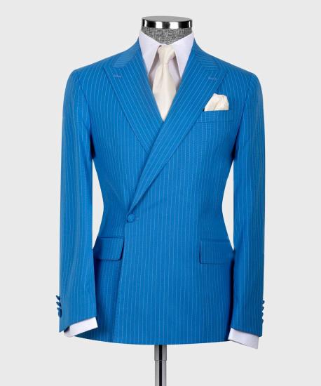 Blue Stripe One Button Fashion Slim Fit Simple Business Suits_4