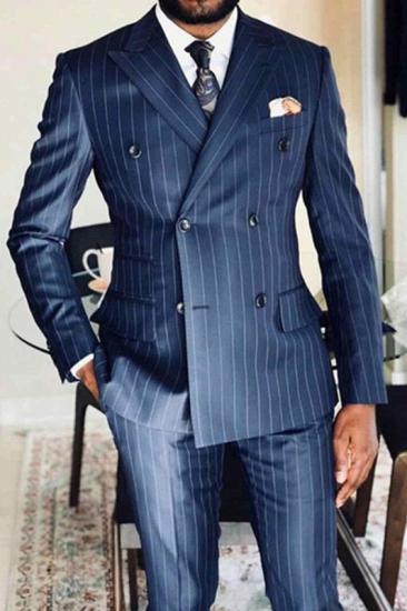 Israeli Navy Blue Striped Point Lapel Double Breasted Formal Mens Suit