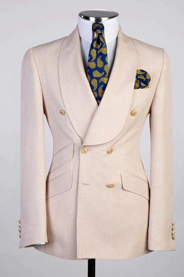 Elegant Champagne Gentleman Double Breasted Tuxedo | Shawl Collar Men's Tuxedo With Metal Buttons_1