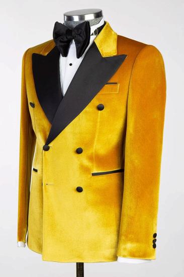 Gold Velvet Double Breasted Black Satin Peak Lapel Mens Two Piece Suit_2