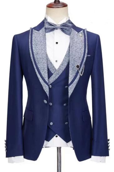 Fancy Modern Dark Blue Peak Lapel Three Piece Prom Suit_1