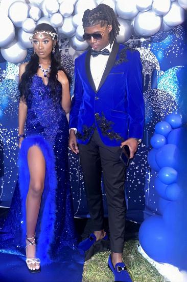 Ell Gentle Royal Blue Velvet Two Piece Prom Suits With Beading_1