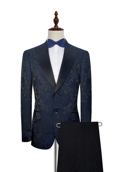 Dark Navy Jacquard Prom Suit |  Black Silk Peak Lapel Mens Wedding Suit_1