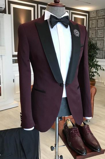 Jeffrey Burgundy Mixed Black Peaked Lapel One Button Men Formal Suit_1