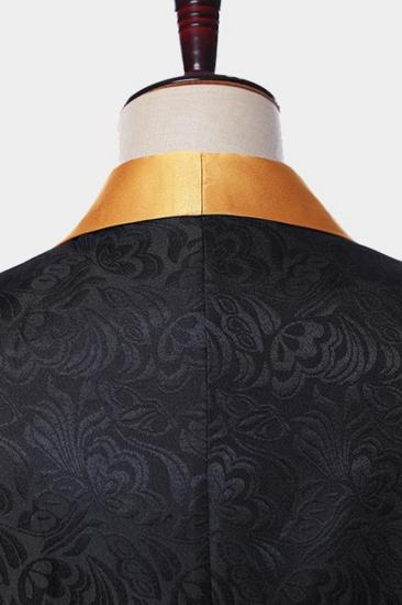 Gold Shawl Lapel Black Jacquard Tuxedo | Three Piece Mens Suit_4