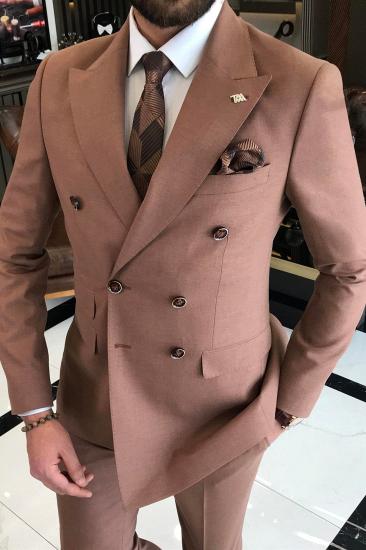 Slim Fit Brown Peak Lapel Double Breasted Wedding Two Piece Suit_2