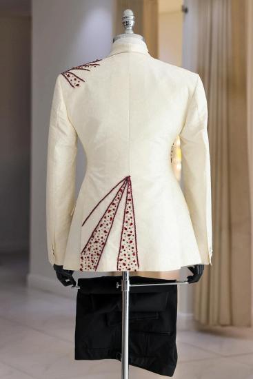 White Jacquard Burgundy Beadings Three Piece Men Suit for Wedding_3