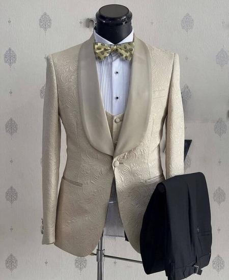 Men Champagne Embossed Jacquard 3 Piece Tuxedo Set Satin Shawl Lapel Wedding Suit With Vest Black Pants