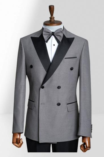 Stylish Grey Peak Collar Double Breasted Men Peak Collar Two Piece Wedding Suit_1
