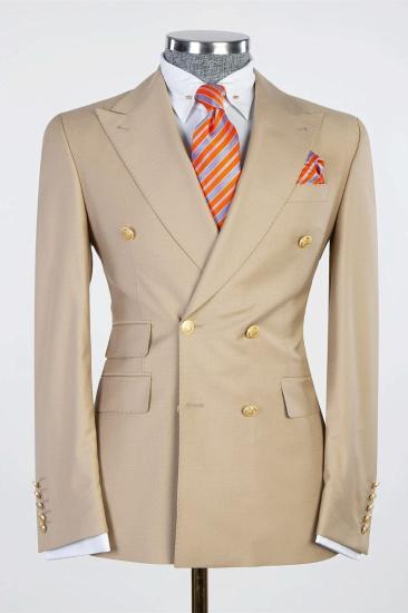 Khaki Double Breasted Point Collar Men Business Suit_1