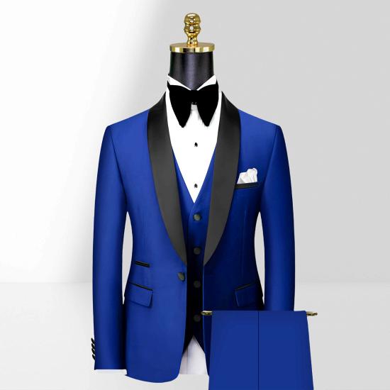 Modern Royal Blue Suits For Groom | Black Satin Shawl Lapel Wedding Tuxedo For Groomsmen - Vic_3
