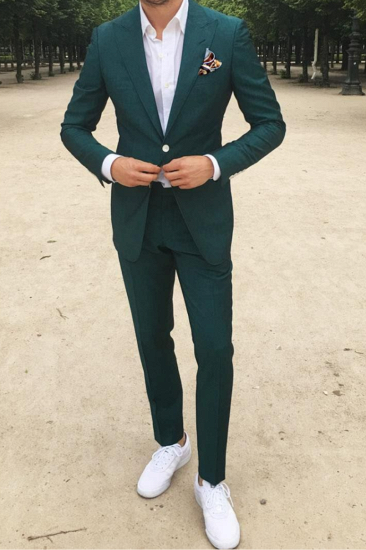 Byron Dark Green Pointed Lapel Slim Fit Mens Prom Suit_1