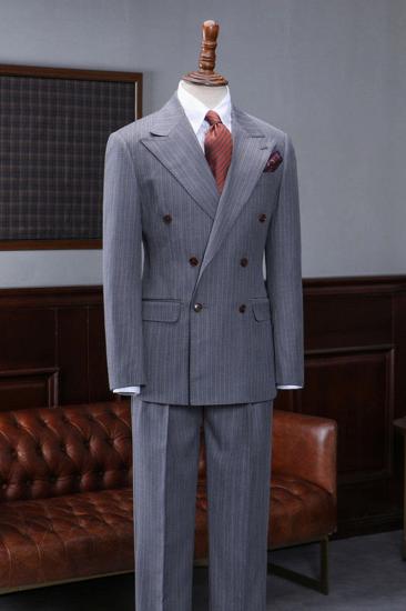 Armand Sleek Grey Striped Point Lapel Double Breasted Business Tailored Suit