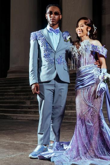 Charming Gray Blue Notched Lapel Beaded Prom Suit for Men | Formal Tuxedo_2
