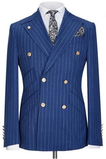 Medium Blue Peaked Lapel Collar Gold Button Double Breasted Striped Men Two Piece Suit_1