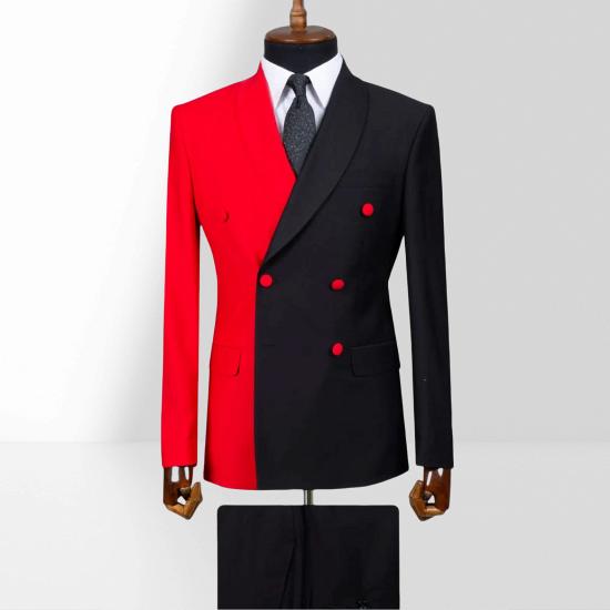 Red And Black Double Breasted Shawl Collar Slim Fit Mens Two Piece Suit_4