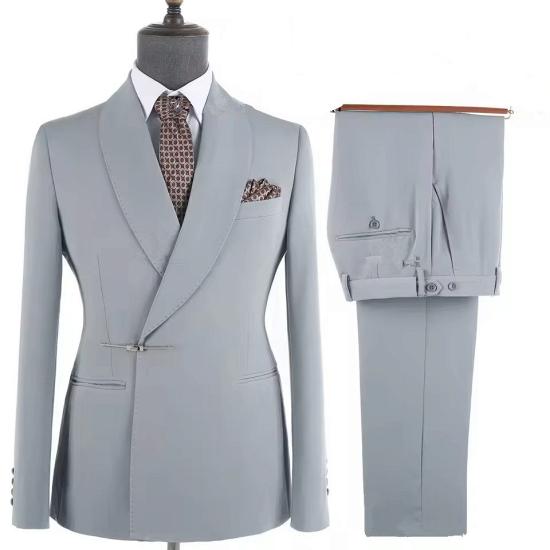 Light Gray Shawl Lapel 3D Embroidered Men Tuxedo Suit with Metal Buckle_2