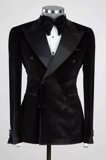 James Black Peaked Lapel Double Breasted Velvet Two Piece Prom Suits_1