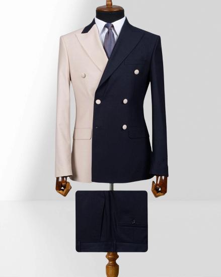 Light Pink And Black Double Breasted Peak Collar Slim Mens Two Piece Suit_2