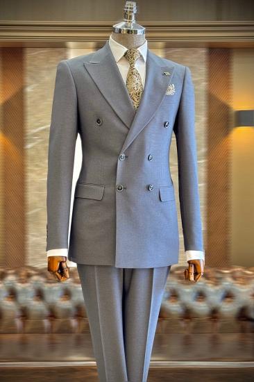 Slim Double Breasted Peaked Lapel Gray Blue Men’s Business Suit_1