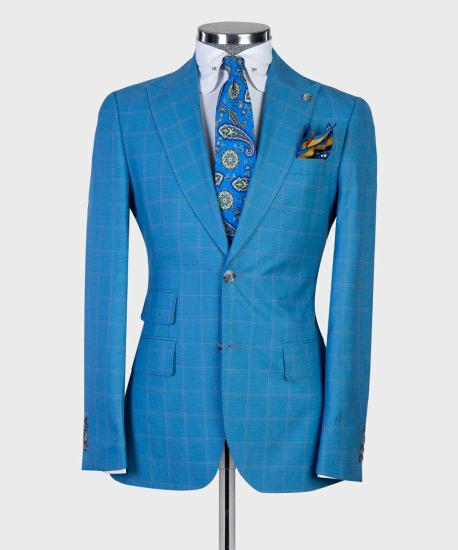 Blue Plaid Three Pieces Peaked Lapel Men Suits For Business_5