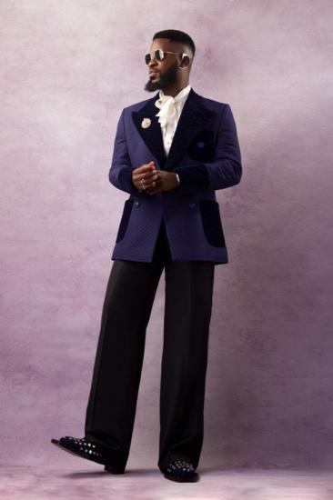 Brady Navy Jacquard Two Piece Prom Suits With Black Velvet Peaked Lapel