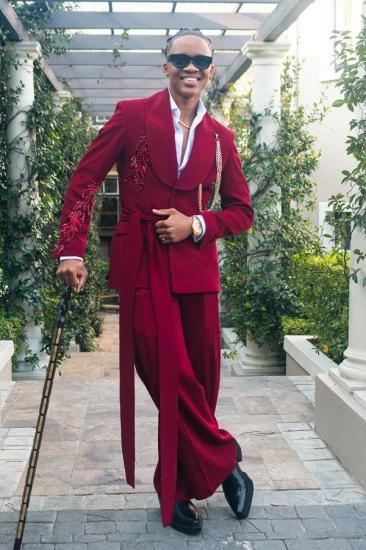 Knight Burgundy Shawl Lapel Beaded Prom Suit With Long Sash | Bradymensuit_1